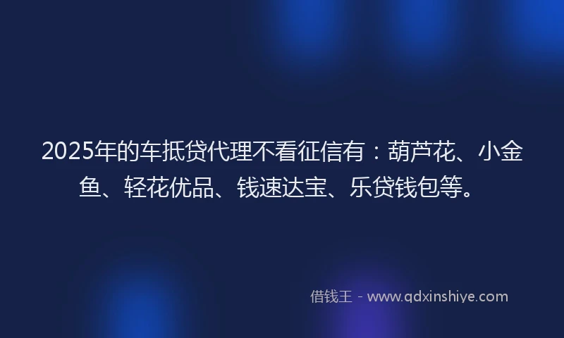2025年的车抵贷代理不看征信有：葫芦花、小金鱼、轻花优品、钱速达宝、乐贷钱包等。