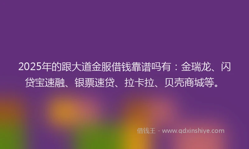 2025年的跟大道金服借钱靠谱吗有：金瑞龙、闪贷宝速融、银票速贷、拉卡拉、贝壳商城等。