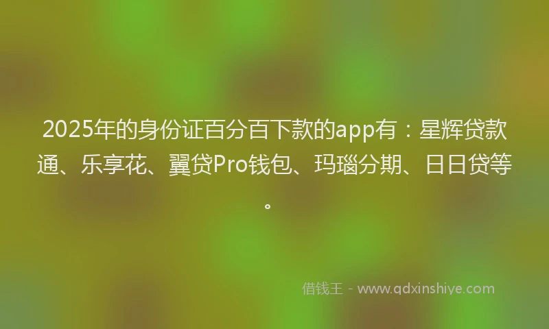 2025年的身份证百分百下款的app有：星辉贷款通、乐享花、翼贷Pro钱包、玛瑙分期、日日贷等。