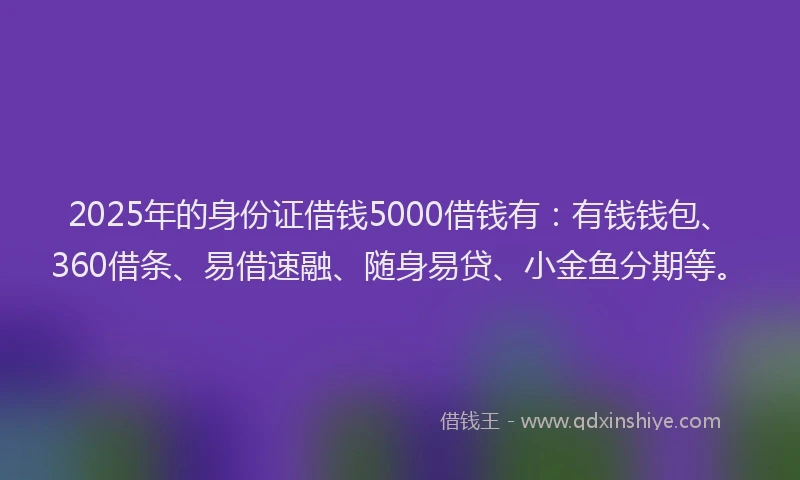 2025年的身份证借钱5000借钱有：有钱钱包、360借条、易借速融、随身易贷、小金鱼分期等。