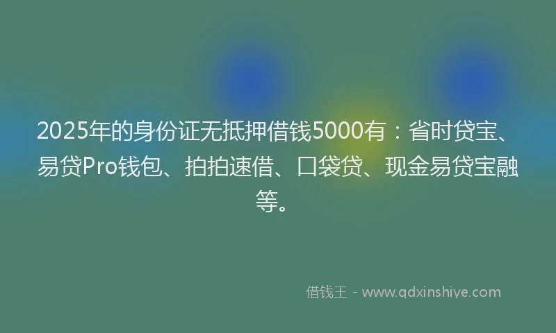2025年的身份证无抵押借钱5000有：省时贷宝、易贷Pro钱包、拍拍速借、口袋贷、现金易贷宝融等。