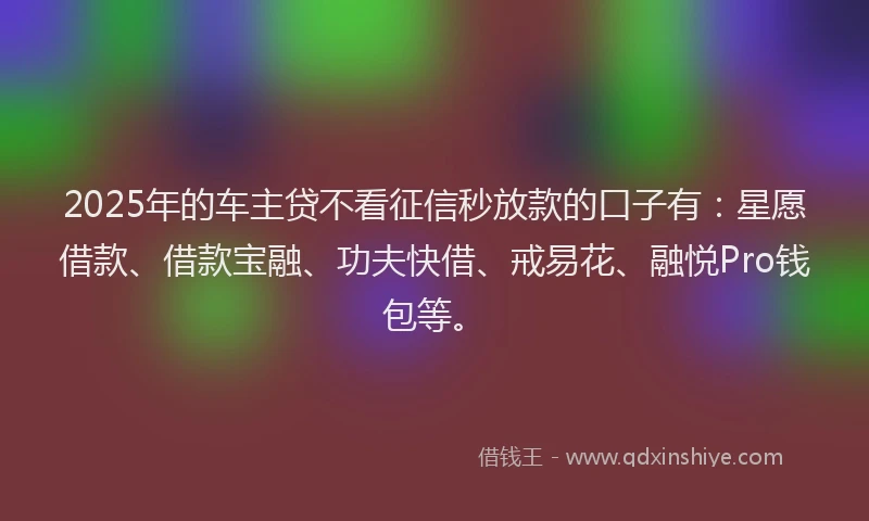 2025年的车主贷不看征信秒放款的口子有：星愿借款、借款宝融、功夫快借、戒易花、融悦Pro钱包等。