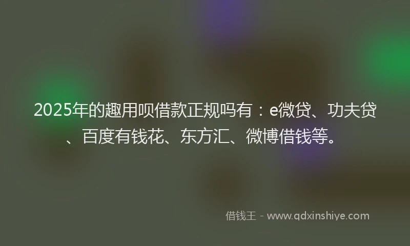 2025年的趣用呗借款正规吗有：e微贷、功夫贷、百度有钱花、东方汇、微博借钱等。