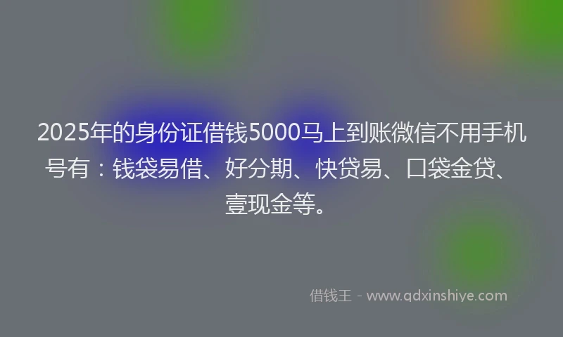 2025年的身份证借钱5000马上到账微信不用手机号有：钱袋易借、好分期、快贷易、口袋金贷、壹现金等。