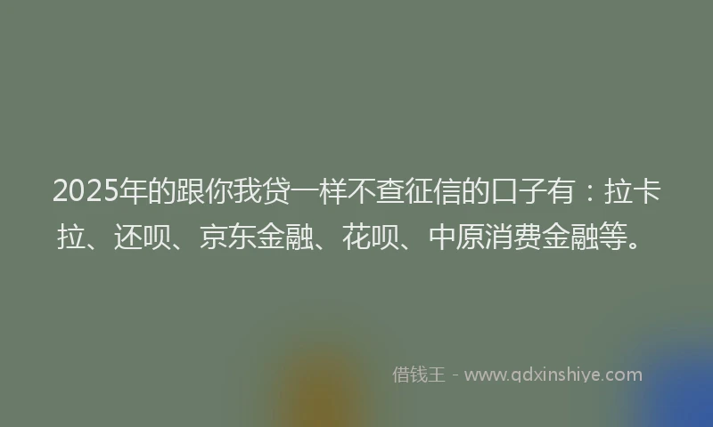 2025年的跟你我贷一样不查征信的口子有：拉卡拉、还呗、京东金融、花呗、中原消费金融等。
