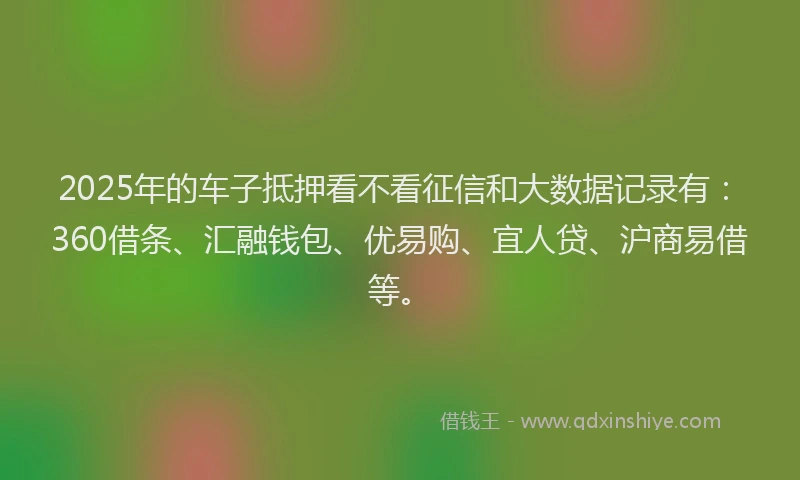 2025年的车子抵押看不看征信和大数据记录有：360借条、汇融钱包、优易购、宜人贷、沪商易借等。