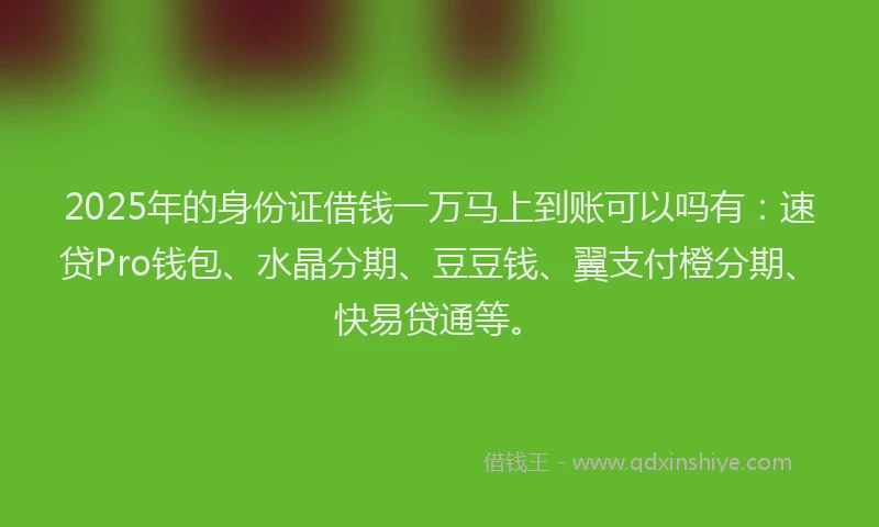 2025年的身份证借钱一万马上到账可以吗有：速贷Pro钱包、水晶分期、豆豆钱、翼支付橙分期、快易贷通等。