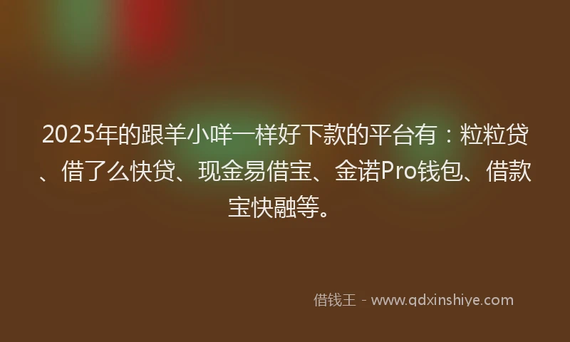 2025年的跟羊小咩一样好下款的平台有：粒粒贷、借了么快贷、现金易借宝、金诺Pro钱包、借款宝快融等。