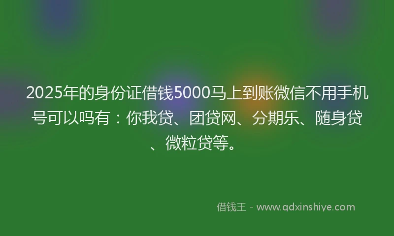 2025年的身份证借钱5000马上到账微信不用手机号可以吗有：你我贷、团贷网、分期乐、随身贷、微粒贷等。