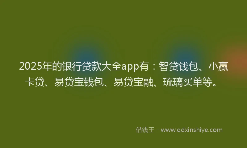 2025年的银行贷款大全app有：智贷钱包、小赢卡贷、易贷宝钱包、易贷宝融、琉璃买单等。