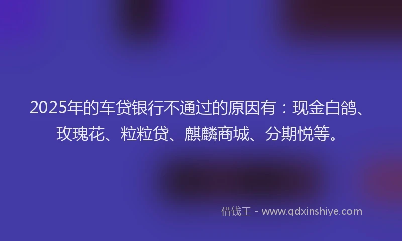 2025年的车贷银行不通过的原因有：现金白鸽、玫瑰花、粒粒贷、麒麟商城、分期悦等。
