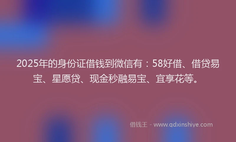 2025年的身份证借钱到微信有：58好借、借贷易宝、星愿贷、现金秒融易宝、宜享花等。