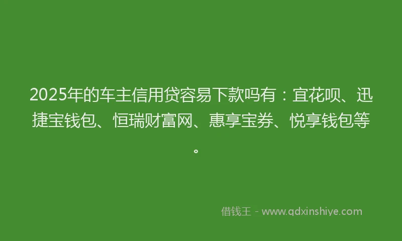 2025年的车主信用贷容易下款吗有：宜花呗、迅捷宝钱包、恒瑞财富网、惠享宝券、悦享钱包等。