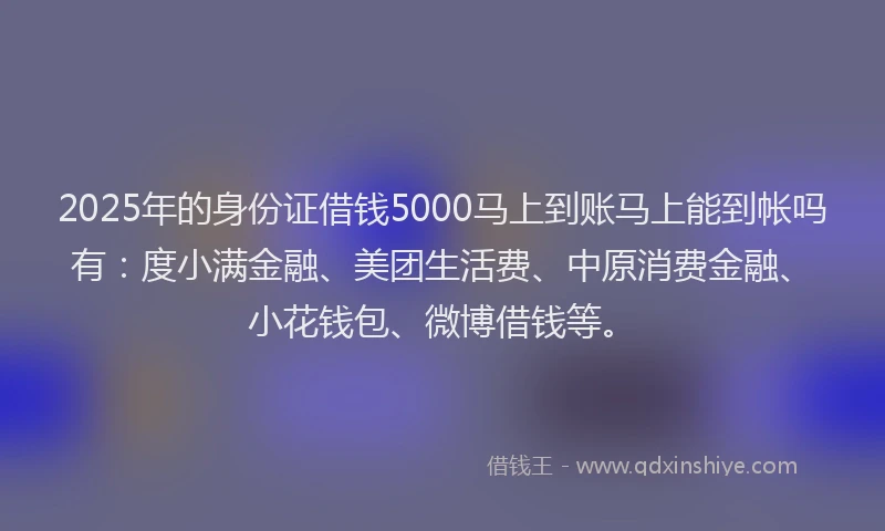 2025年的身份证借钱5000马上到账马上能到帐吗有：度小满金融、美团生活费、中原消费金融、小花钱包、微博借钱等。