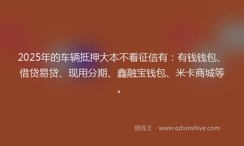 2025年的车辆抵押大本不看征信有：有钱钱包、借贷易贷、现用分期、鑫融宝钱包、米卡商城等。