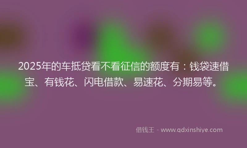2025年的车抵贷看不看征信的额度有：钱袋速借宝、有钱花、闪电借款、易速花、分期易等。