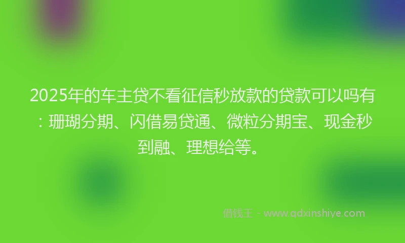 2025年的车主贷不看征信秒放款的贷款可以吗有：珊瑚分期、闪借易贷通、微粒分期宝、现金秒到融、理想给等。