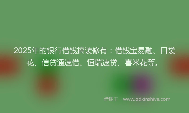 2025年的银行借钱搞装修有：借钱宝易融、口袋花、信贷通速借、恒瑞速贷、喜米花等。