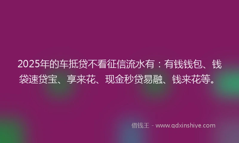 2025年的车抵贷不看征信流水有：有钱钱包、钱袋速贷宝、享来花、现金秒贷易融、钱来花等。