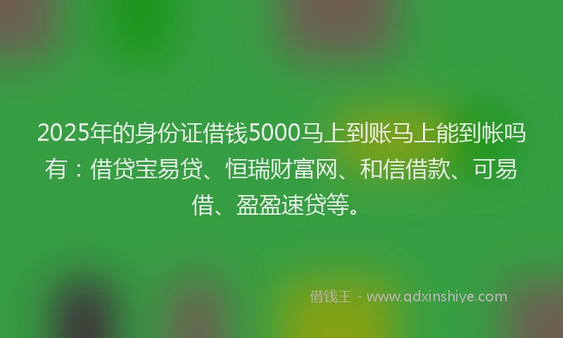 2025年的身份证借钱5000马上到账马上能到帐吗有：借贷宝易贷、恒瑞财富网、和信借款、可易借、盈盈速贷等。