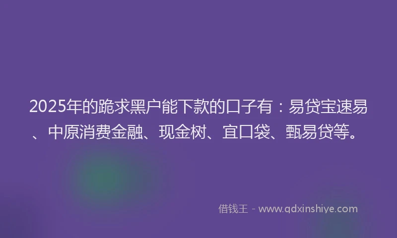 2025年的跪求黑户能下款的口子有：易贷宝速易、中原消费金融、现金树、宜口袋、甄易贷等。