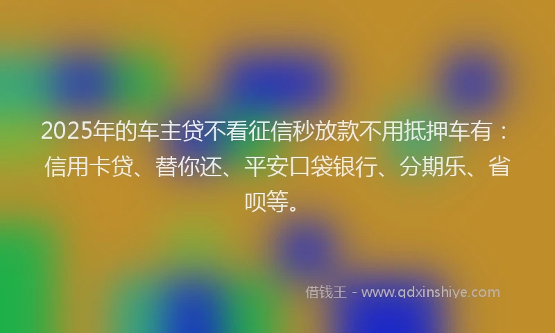 2025年的车主贷不看征信秒放款不用抵押车有：信用卡贷、替你还、平安口袋银行、分期乐、省呗等。