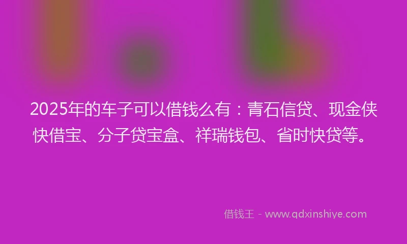 2025年的车子可以借钱么有：青石信贷、现金侠快借宝、分子贷宝盒、祥瑞钱包、省时快贷等。