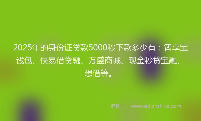 2025年的身份证贷款5000秒下款多少有：智享宝钱包、快易借贷融、万盛商城、现金秒贷宝融、想借等。