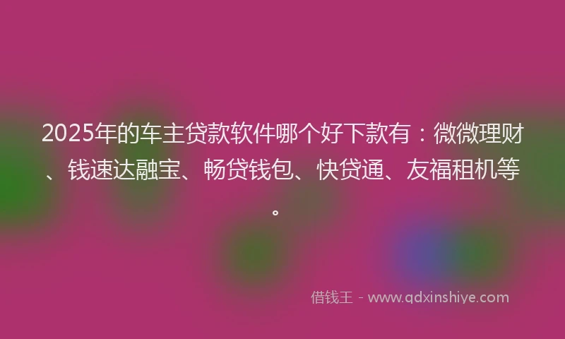 2025年的车主贷款软件哪个好下款有：微微理财、钱速达融宝、畅贷钱包、快贷通、友福租机等。