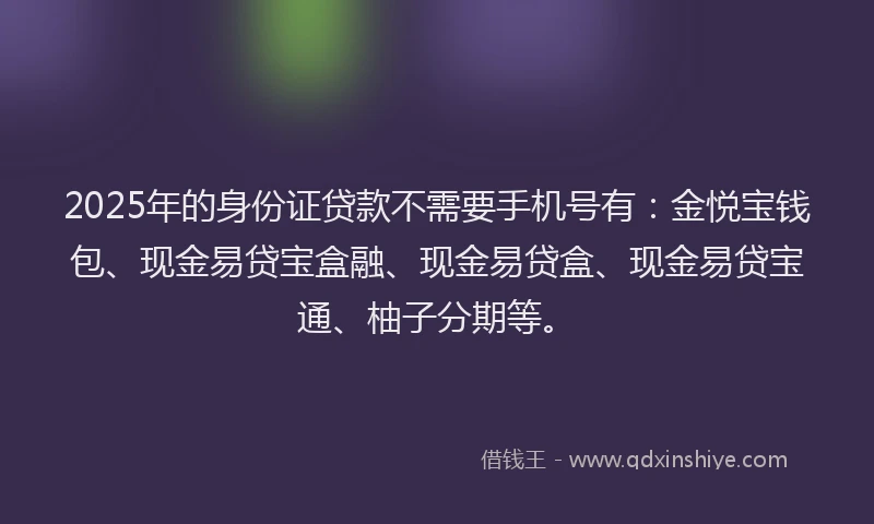 2025年的身份证贷款不需要手机号有：金悦宝钱包、现金易贷宝盒融、现金易贷盒、现金易贷宝通、柚子分期等。