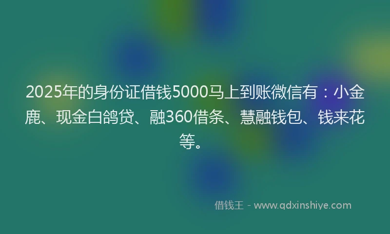 2025年的身份证借钱5000马上到账微信有：小金鹿、现金白鸽贷、融360借条、慧融钱包、钱来花等。