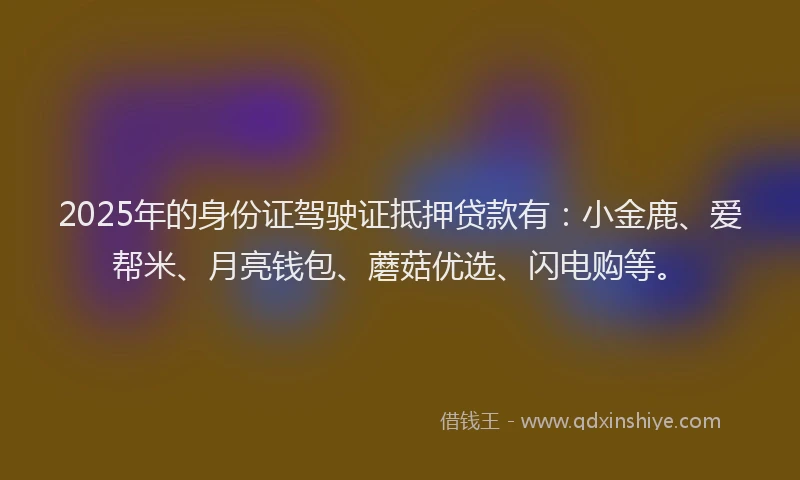 2025年的身份证驾驶证抵押贷款有：小金鹿、爱帮米、月亮钱包、蘑菇优选、闪电购等。