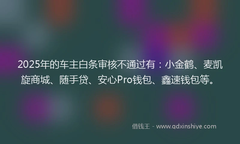 2025年的车主白条审核不通过有：小金鹤、麦凯旋商城、随手贷、安心Pro钱包、鑫速钱包等。