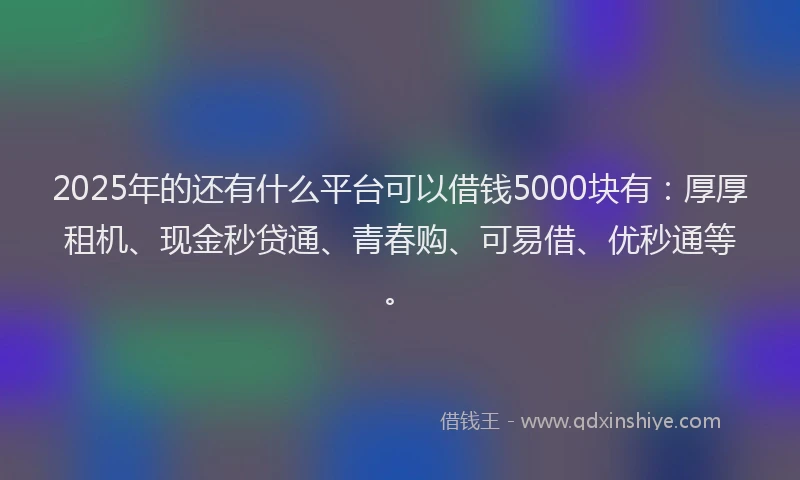 2025年的还有什么平台可以借钱5000块有：厚厚租机、现金秒贷通、青春购、可易借、优秒通等。