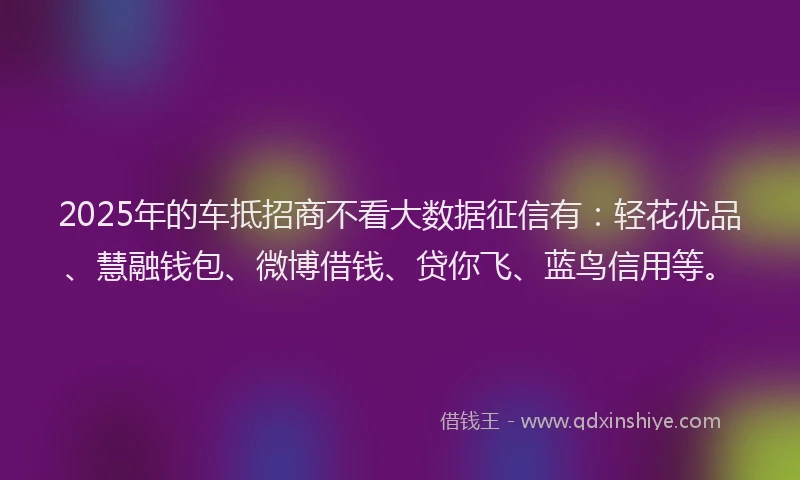 2025年的车抵招商不看大数据征信有：轻花优品、慧融钱包、微博借钱、贷你飞、蓝鸟信用等。