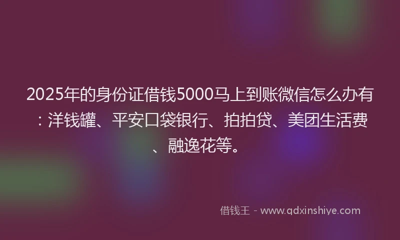 2025年的身份证借钱5000马上到账微信怎么办有：洋钱罐、平安口袋银行、拍拍贷、美团生活费、融逸花等。