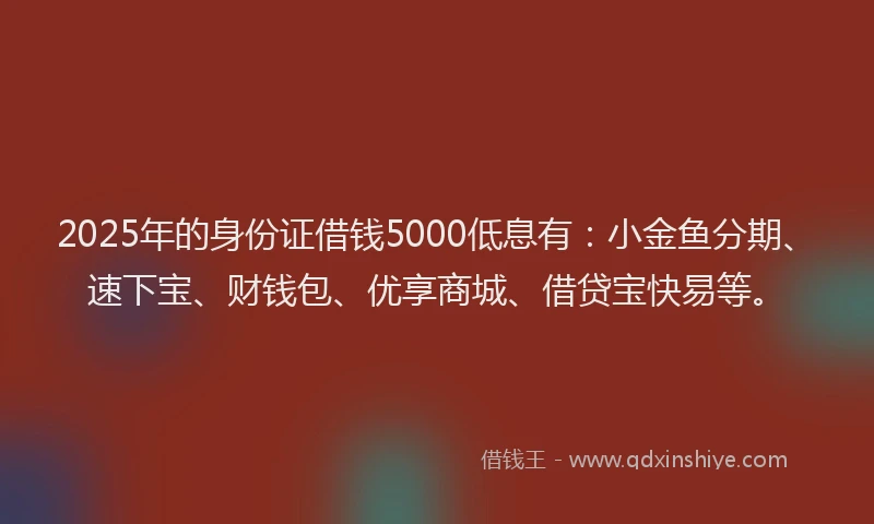 2025年的身份证借钱5000低息有：小金鱼分期、速下宝、财钱包、优享商城、借贷宝快易等。