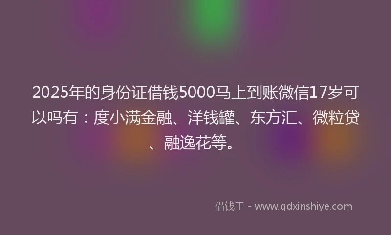 2025年的身份证借钱5000马上到账微信17岁可以吗有：度小满金融、洋钱罐、东方汇、微粒贷、融逸花等。