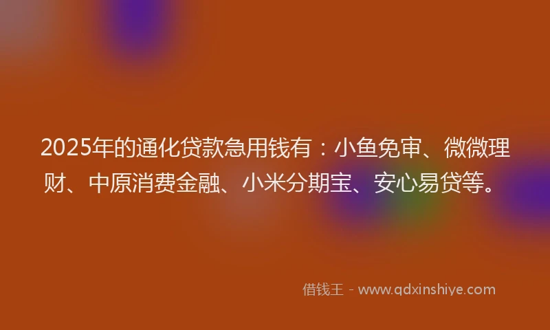 2025年的通化贷款急用钱有：小鱼免审、微微理财、中原消费金融、小米分期宝、安心易贷等。