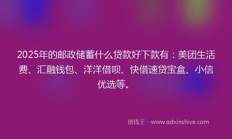 2025年的邮政储蓄什么贷款好下款有：美团生活费、汇融钱包、洋洋借呗、快借速贷宝盒、小信优选等。