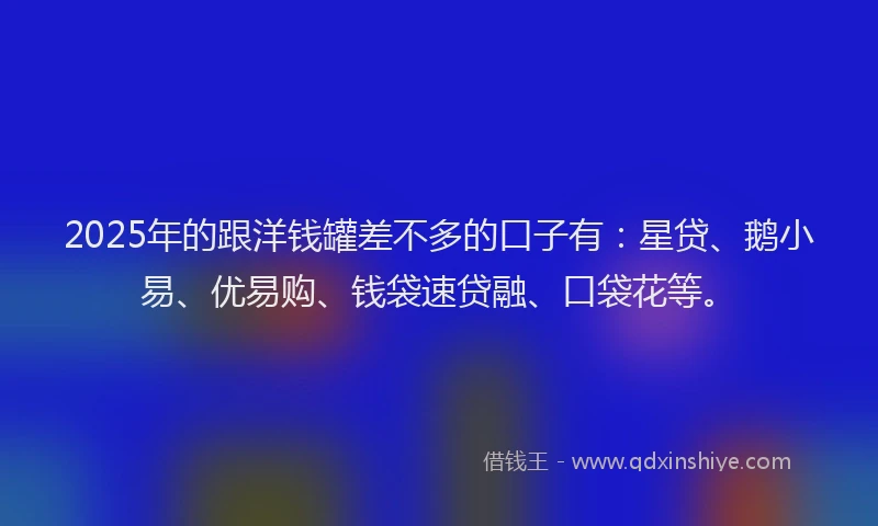 2025年的跟洋钱罐差不多的口子有：星贷、鹅小易、优易购、钱袋速贷融、口袋花等。