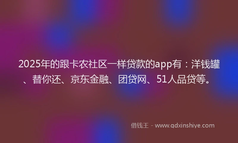 2025年的跟卡农社区一样贷款的app有：洋钱罐、替你还、京东金融、团贷网、51人品贷等。