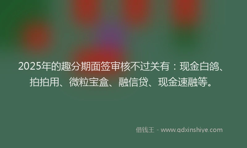 2025年的趣分期面签审核不过关有：现金白鸽、拍拍用、微粒宝盒、融信贷、现金速融等。