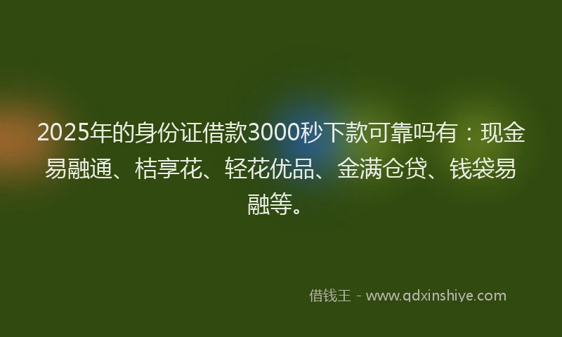 2025年的身份证借款3000秒下款可靠吗有：现金易融通、桔享花、轻花优品、金满仓贷、钱袋易融等。