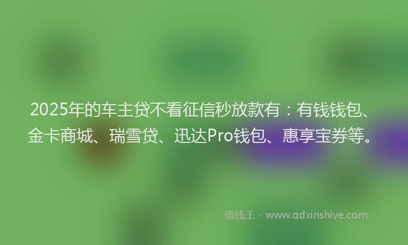 2025年的车主贷不看征信秒放款有：有钱钱包、金卡商城、瑞雪贷、迅达Pro钱包、惠享宝券等。