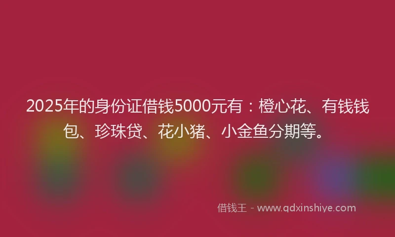 2025年的身份证借钱5000元有：橙心花、有钱钱包、珍珠贷、花小猪、小金鱼分期等。