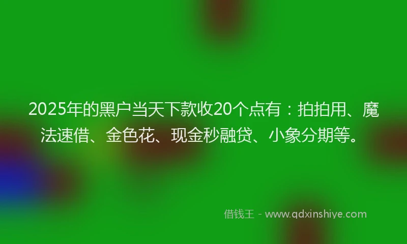 2025年的黑户当天下款收20个点有：拍拍用、魔法速借、金色花、现金秒融贷、小象分期等。