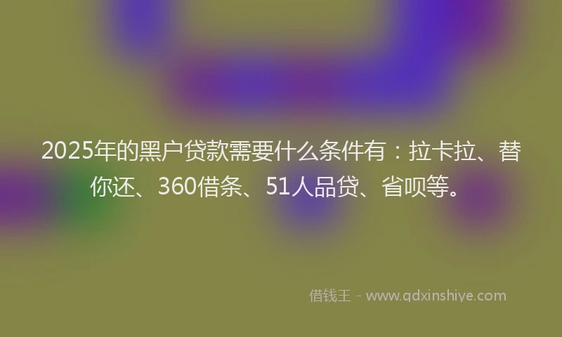 2025年的黑户贷款需要什么条件有：拉卡拉、替你还、360借条、51人品贷、省呗等。