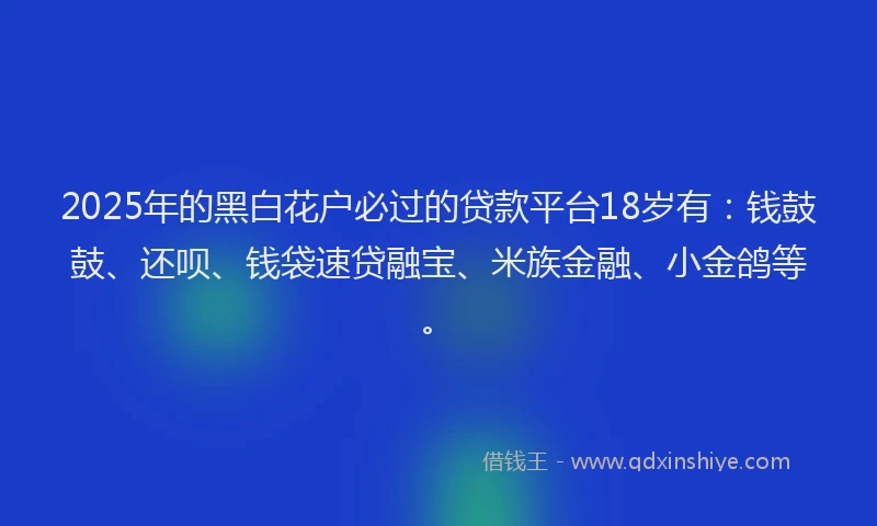 2025年的黑白花户必过的贷款平台18岁有：钱鼓鼓、还呗、钱袋速贷融宝、米族金融、小金鸽等。