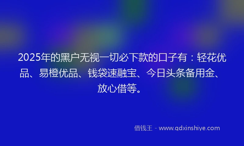 2025年的黑户无视一切必下款的口子有：轻花优品、易橙优品、钱袋速融宝、今日头条备用金、放心借等。